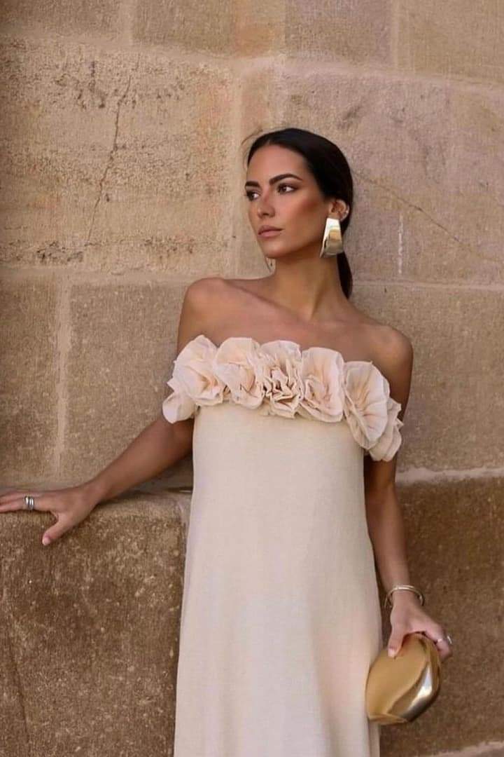 Olyssa Alva Çiçekli Örme Straplez Uzun Elbise