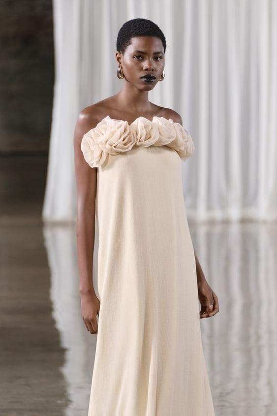 Olyssa Alva Çiçekli Örme Straplez Uzun Elbise