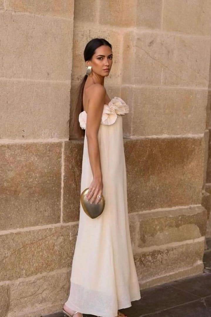 Olyssa Alva Çiçekli Örme Straplez Uzun Elbise