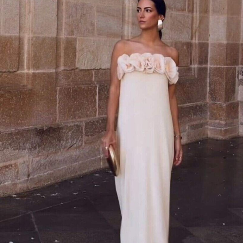 Olyssa Alva Çiçekli Örme Straplez Uzun Elbise