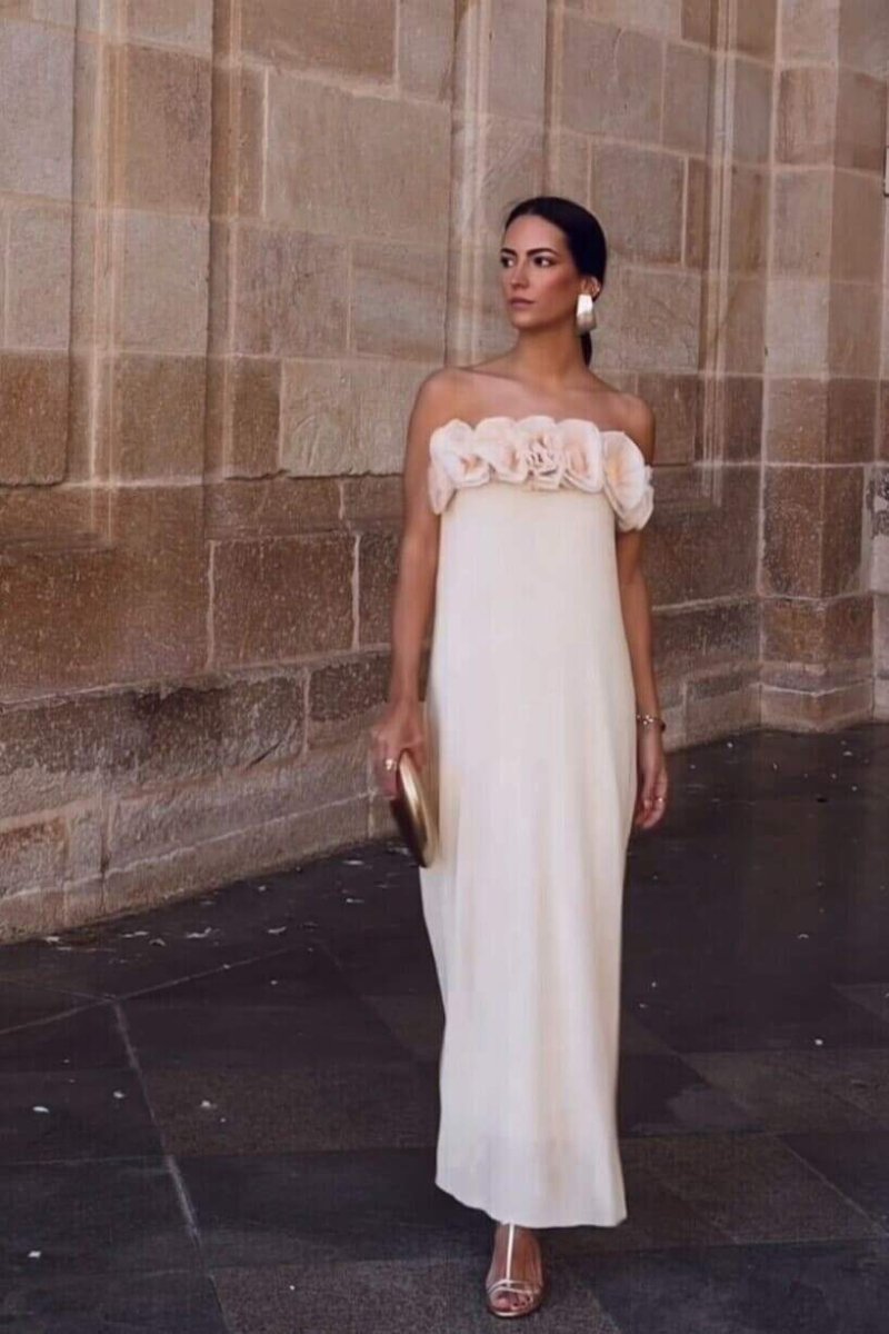 Olyssa Alva Çiçekli Örme Straplez Uzun Elbise