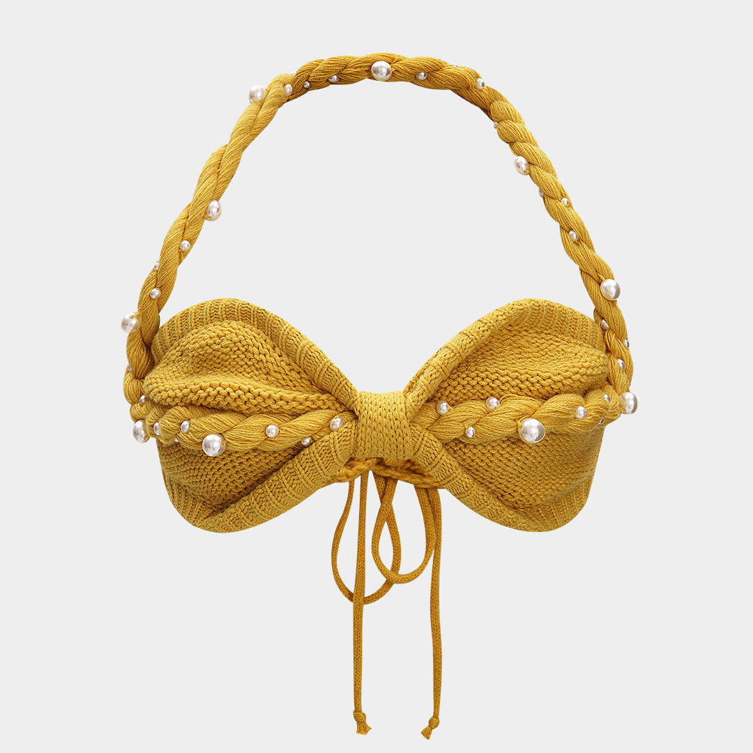 Örgü İnci Dekor Halter Yaka Örgü Bağlamalı Tank Top