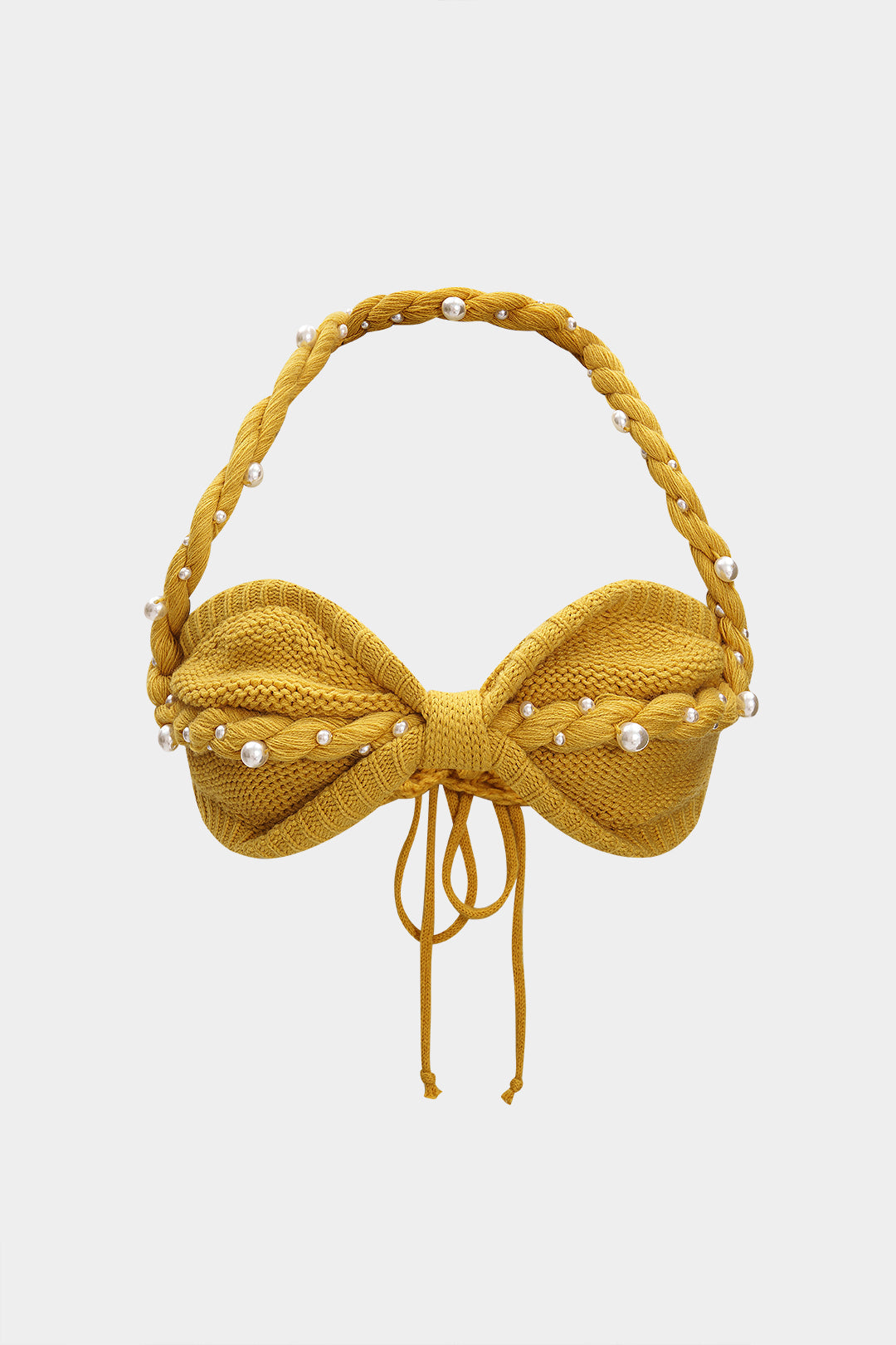 Örgü İnci Dekor Halter Yaka Örgü Bağlamalı Tank Top