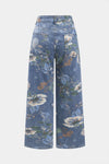 Retro Çiçek Desenli Denim Düğmeli Cepli Geniş Paça Kot Pantolon