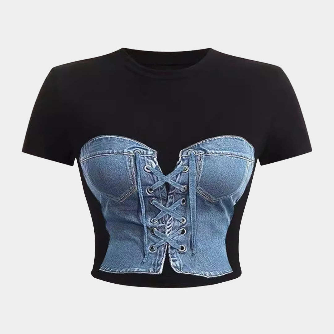 Baskılı Denim Kısa Kollu Tişört