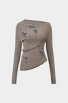 3D Floral Asymmetrical Shoulder Uzun Kollu Üst