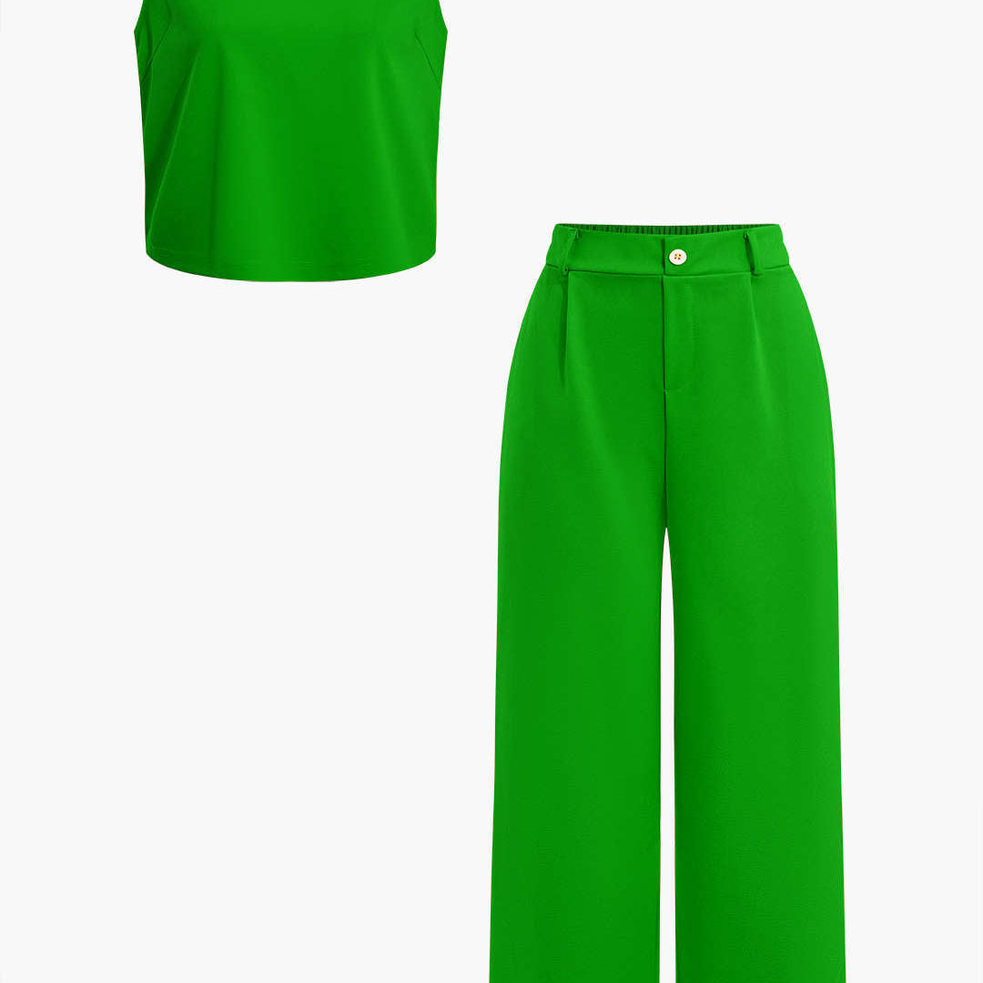 Basic Düz Kolsuz Bluz ve Düz Paça Pantolon Takımı