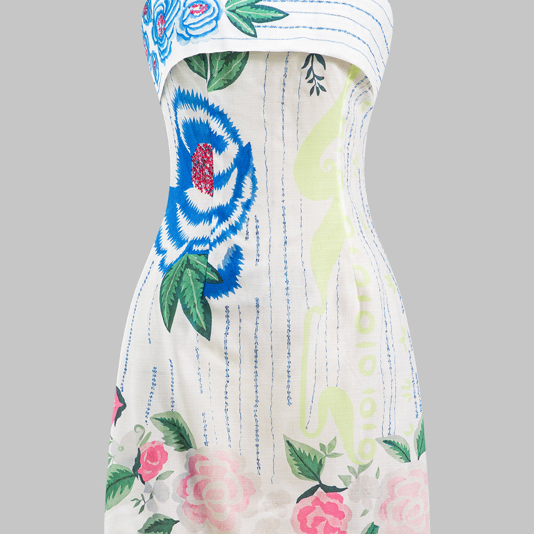 Çiçek Desenli Kolsuz Fermuarlı Straplez Mini Elbise