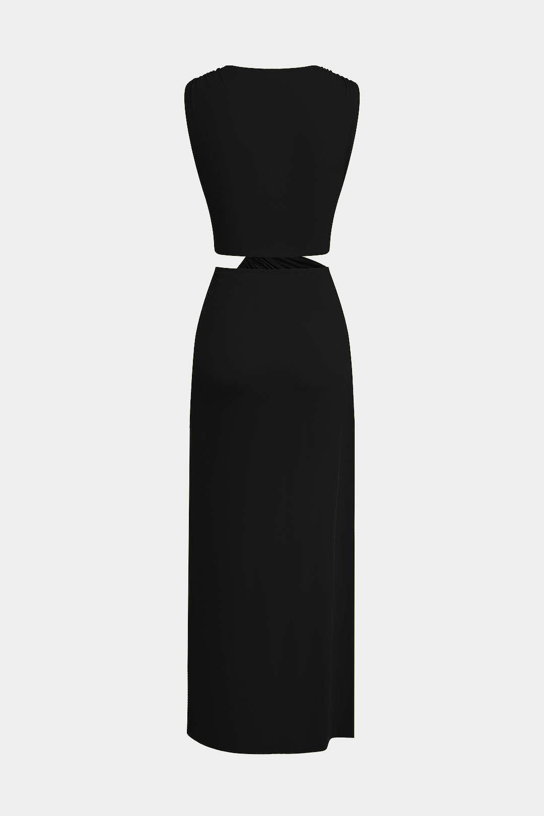 Kesik Detaylı Dönme Bağlama Kolsuz Yırtmaçlı Midi Elbise