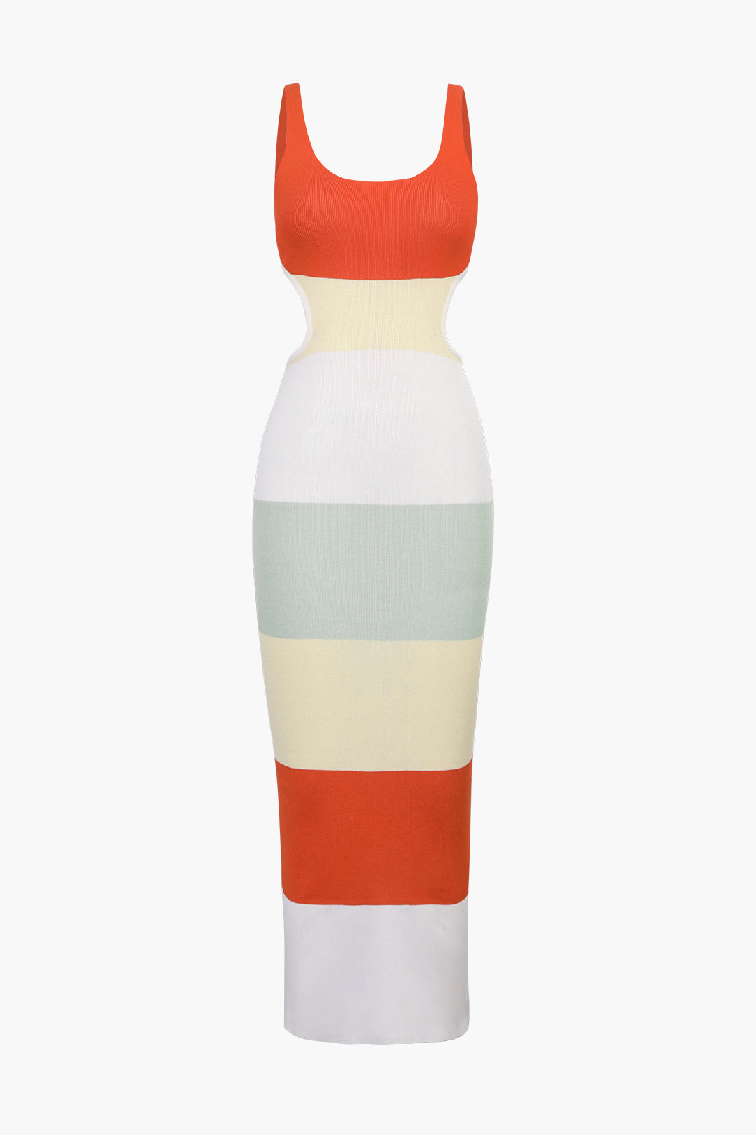 Çok Renkli Çizgili Triko Sırt Açık Maxi Elbise