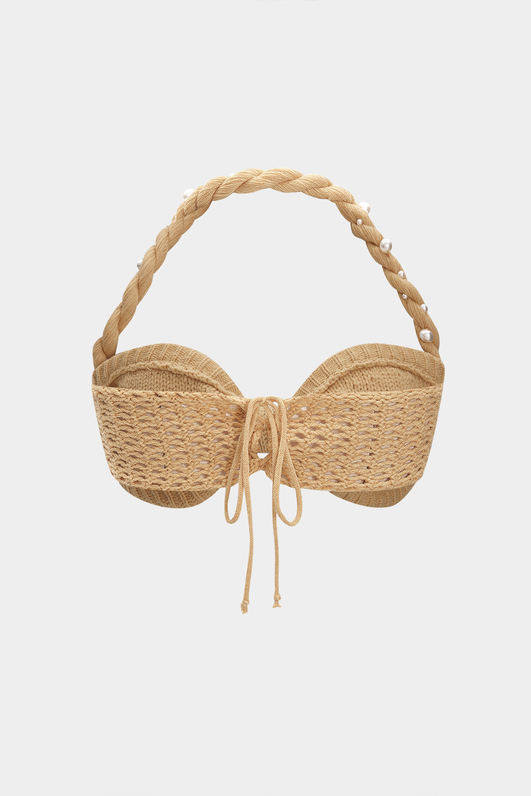 Örgü İnci Dekor Halter Yaka Örgü Bağlamalı Tank Top