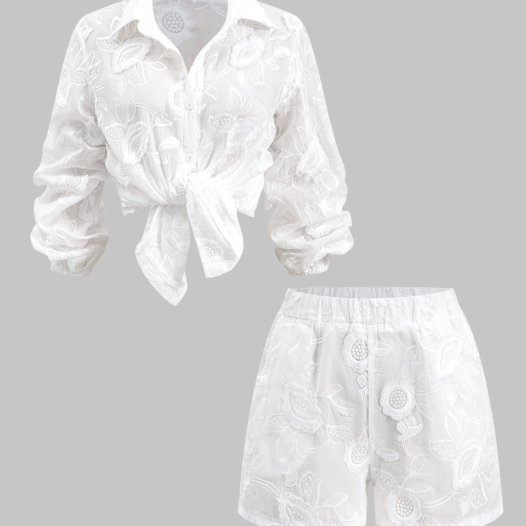 Nakış Düğme Uzun Kollu Gömlek Ve Şort Takımı
