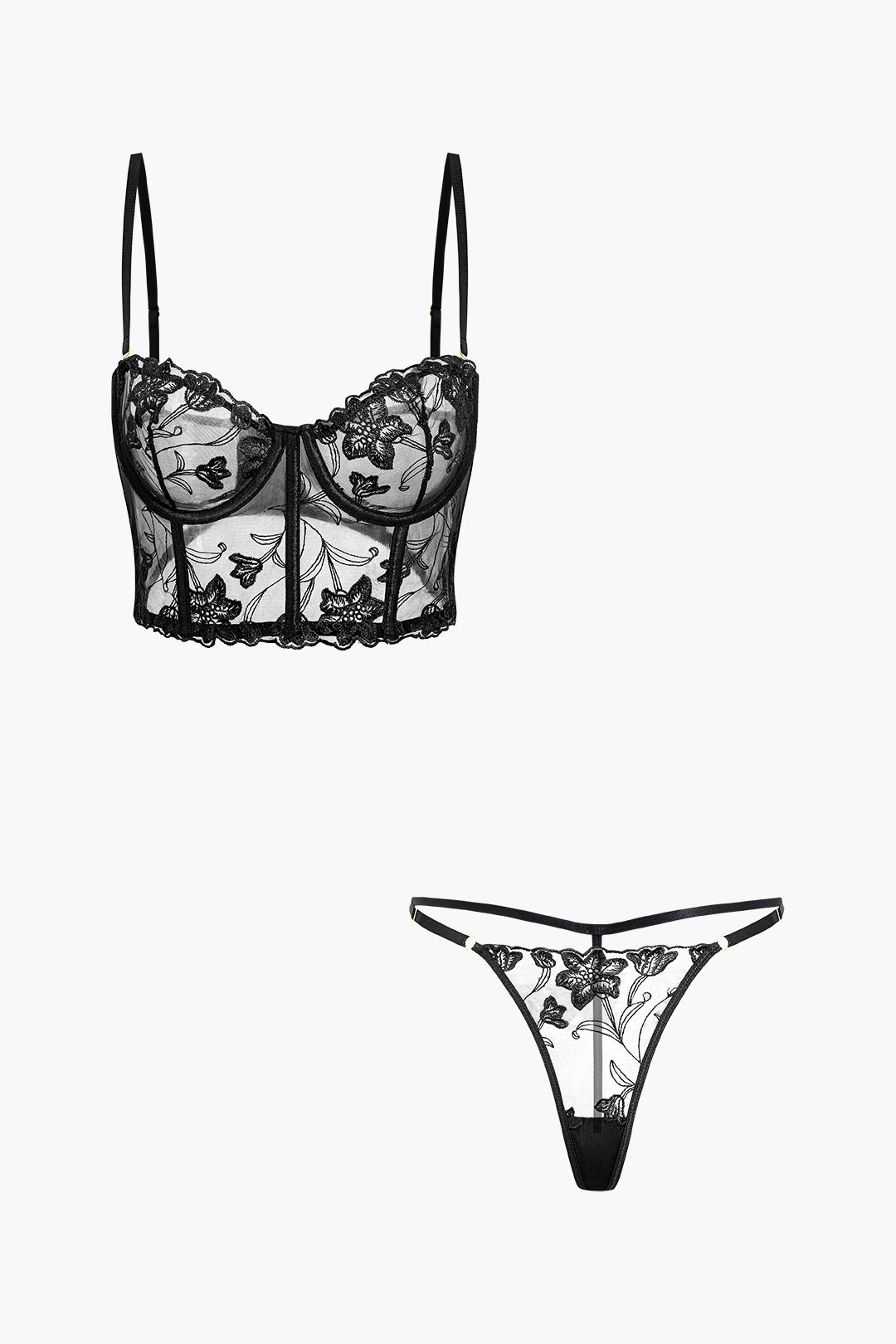 Çiçek Nakışlı Şeffaf Askılı Üst ve Külot Takımı