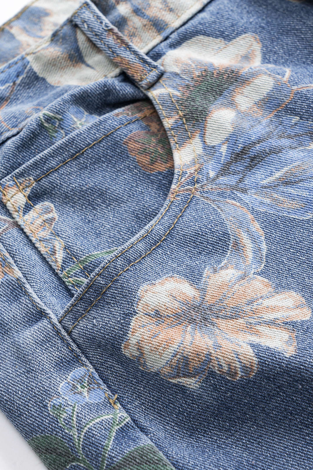 Retro Çiçek Desenli Denim Düğmeli Cepli Geniş Paça Kot Pantolon