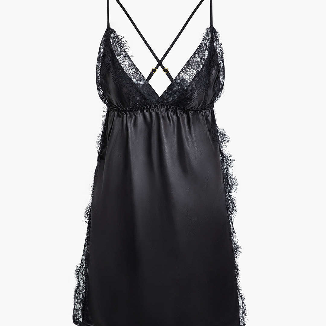 Saten Dantel Fırfırlı Yama Detaylı Sırt Açık Gecelik