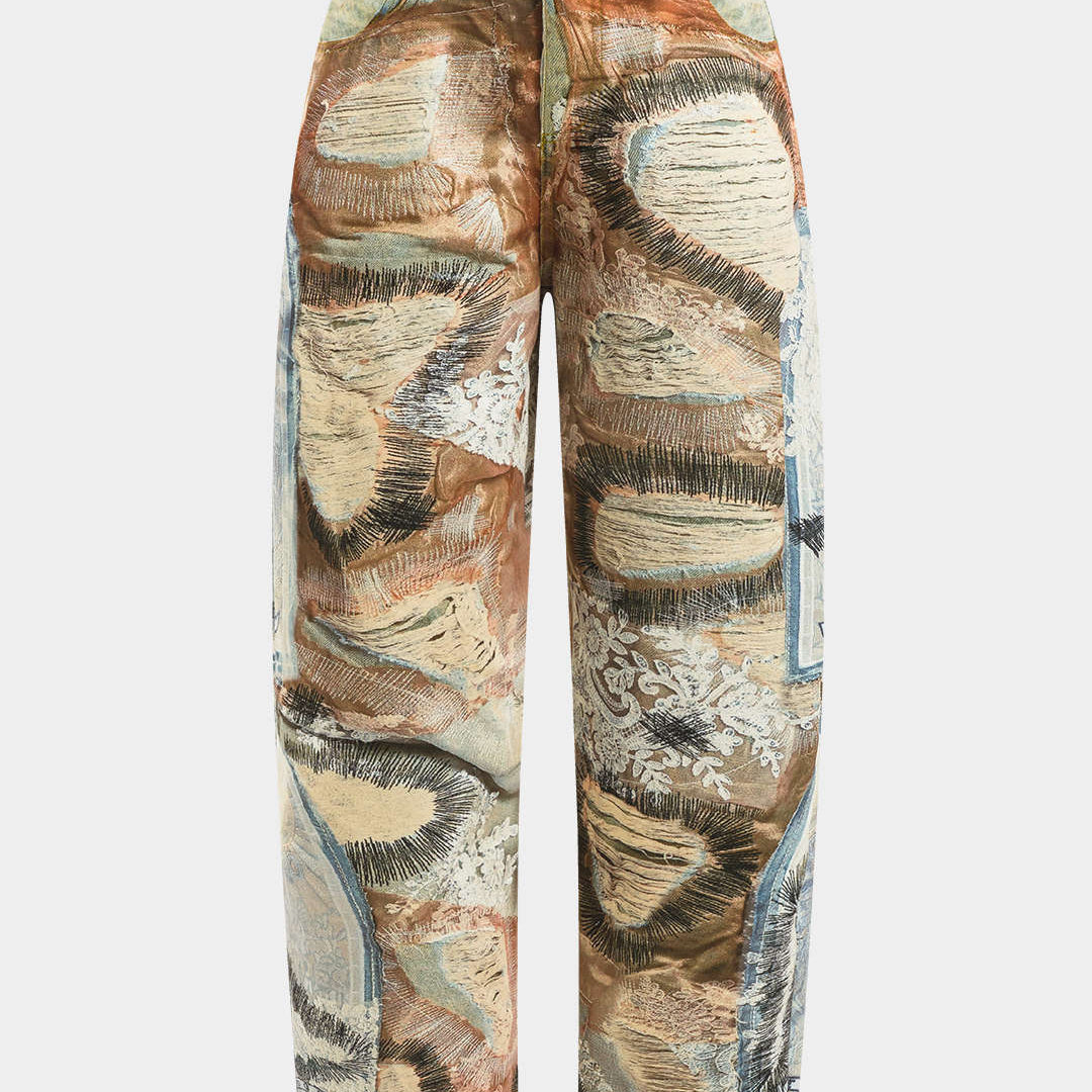 Soyut Baskılı Düğmeli Cep Pantolonları