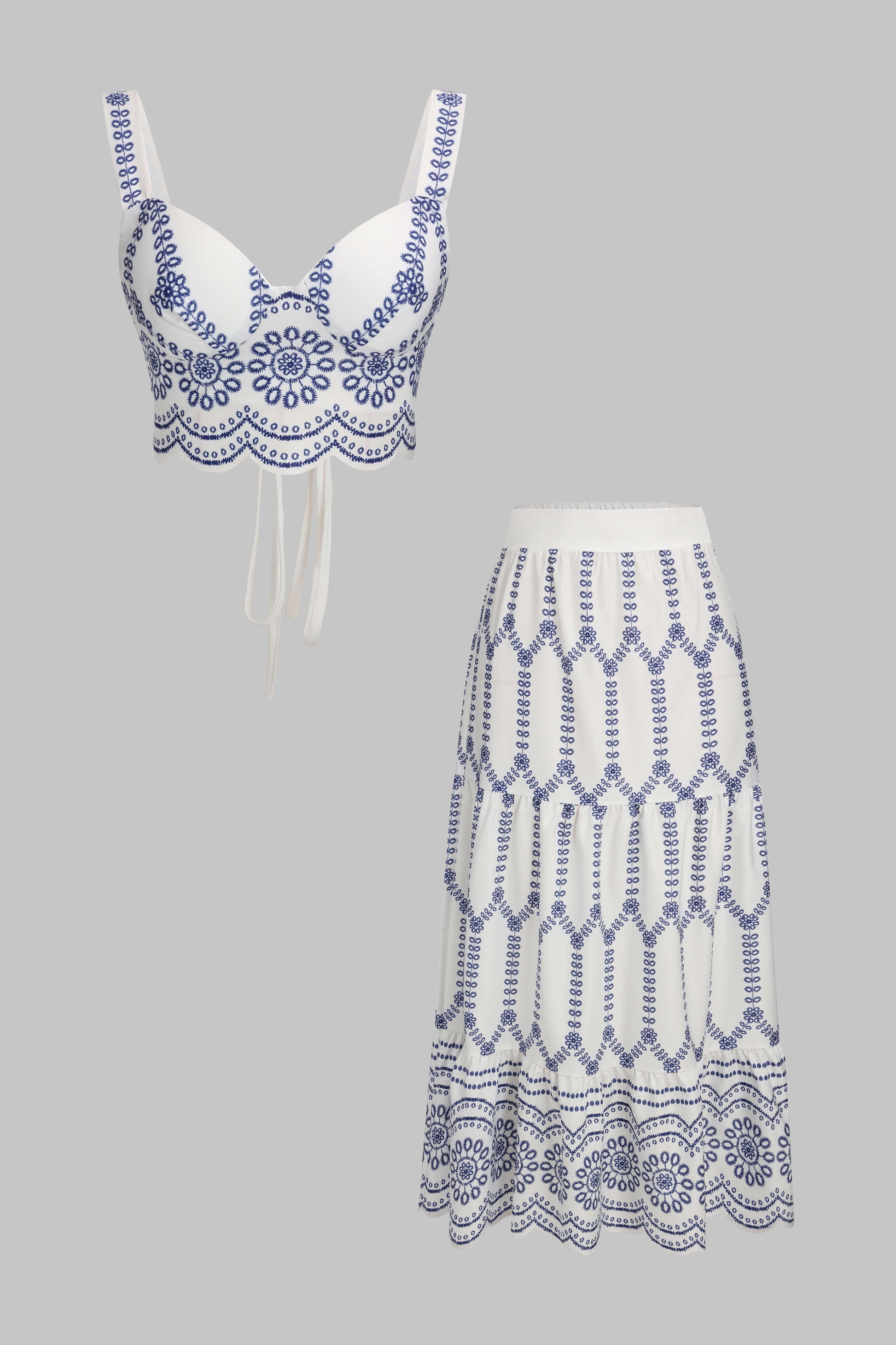 Çiçek Desenli Bağcıklı Sırt Dekolteli Cami Üstü ve Üst Giysi Seti