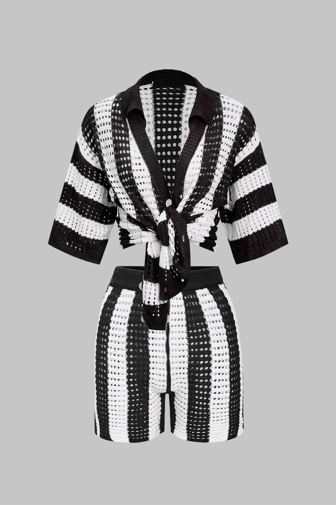 Çizgili Triko Delikli Şort Takımı