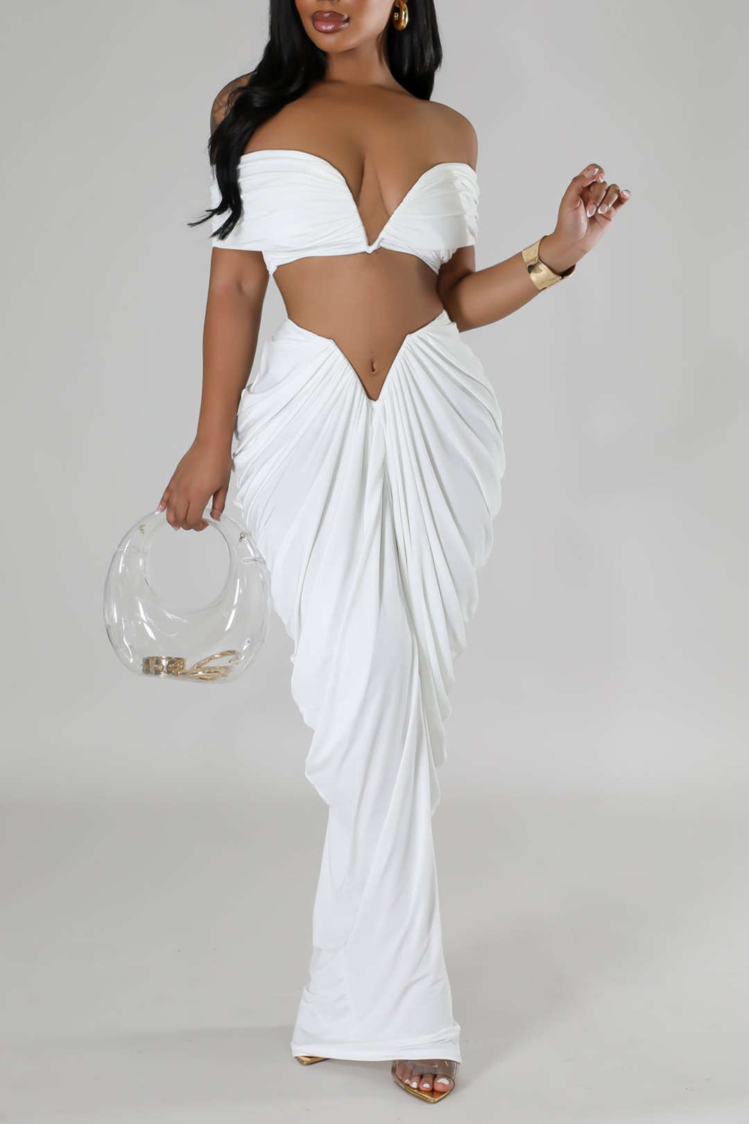 V Yaka Gömlek Ve V Şekilli Bel Kesimli Maxi Etek Seti