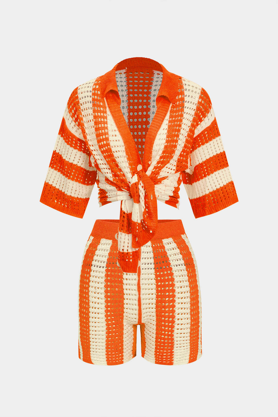 Çizgili Triko Delikli Şort Takımı