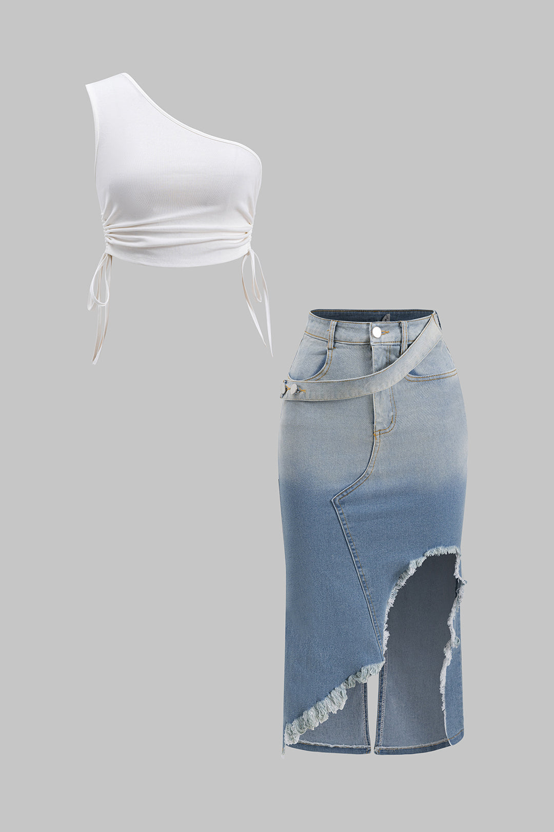 Büzgülü Tek Omuz Asimetrik Çekme Üst ve Denim Yıkanmış Düğme Cepli Yarık Etek Seti