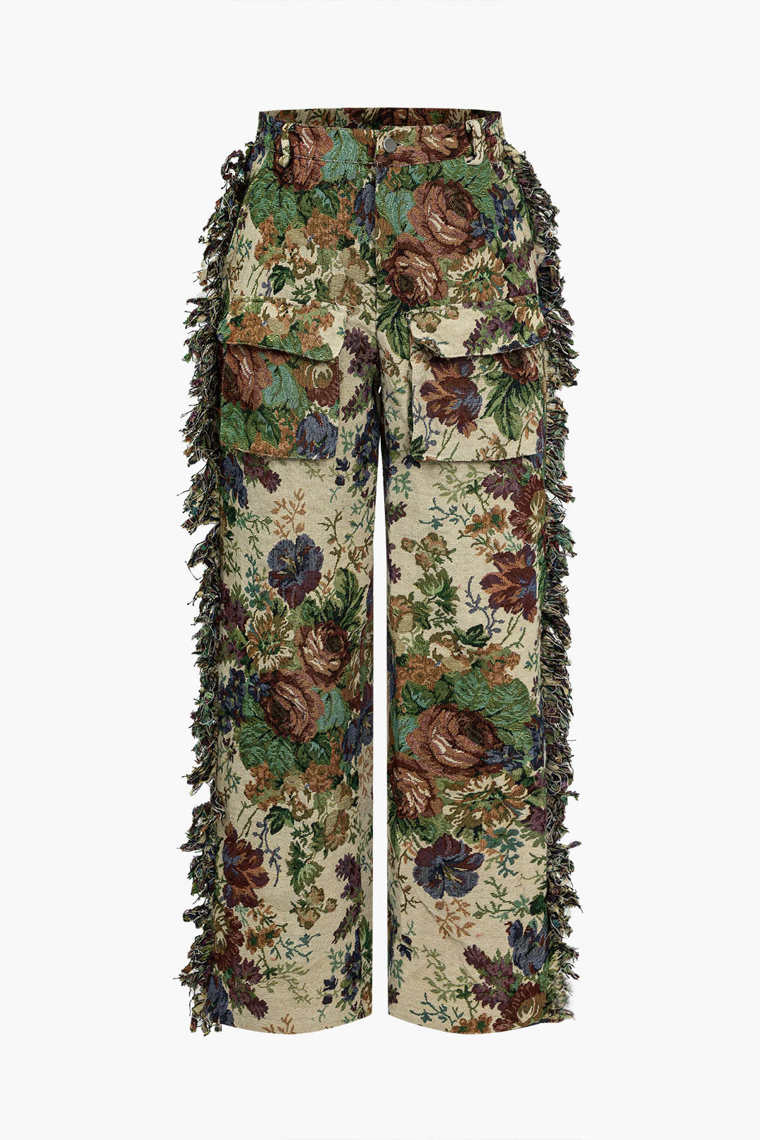 Çiçek Desenli Franjlı Bağcıklı Sırt Dekolteli Bluz Ve Düğmeli Cepli Pantolon Seti