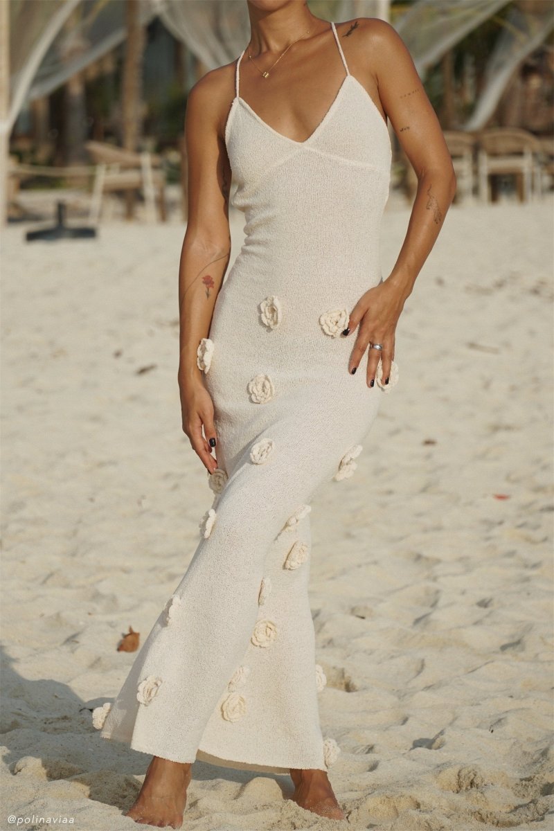 Olyssa Edwina V yakalı Örme Çiçekli Uzun Elbise