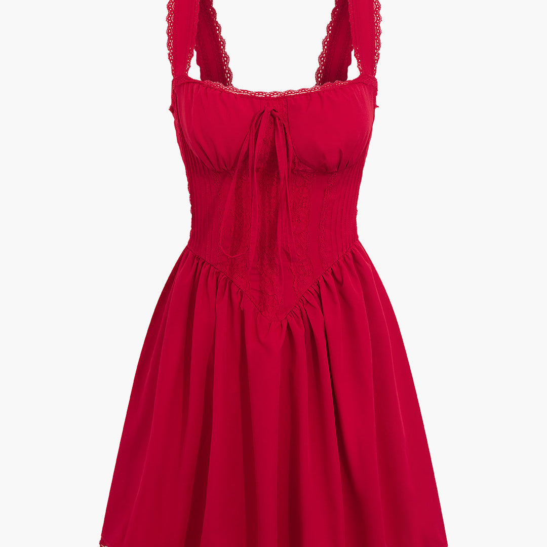 Olyssa Dantel Detaylı Kare Yaka Kolsuz Plise Mini Elbise