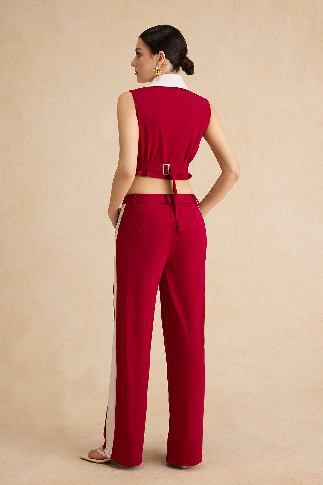 Patchwork Düğme Bağlama Sıfır Kol Bluz Ve Fermuarlı Cepli Pantolon Seti