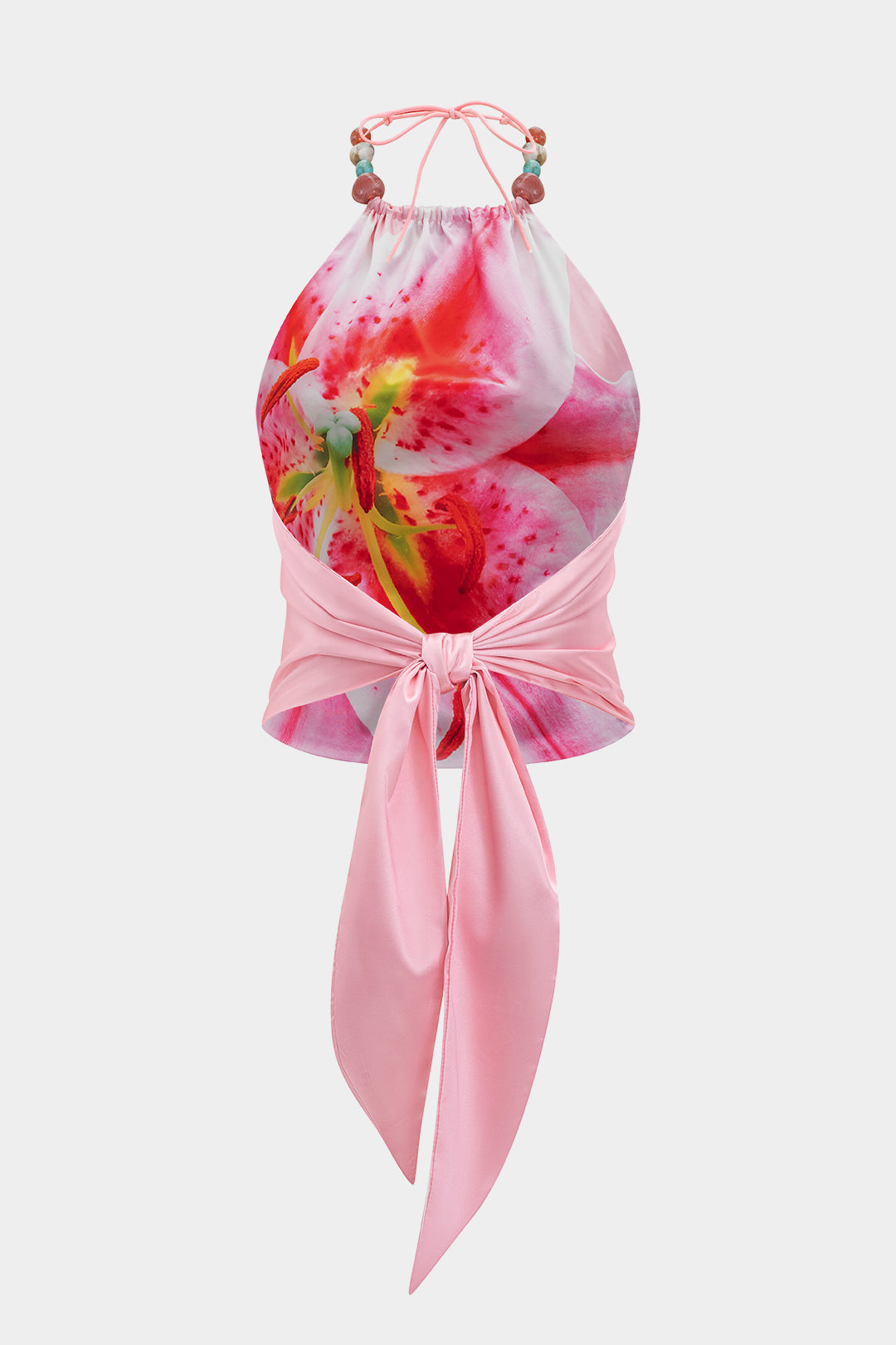 Çiçek Desenli Saten Bağlamalı Sırt Dekolteli Atlet Üst