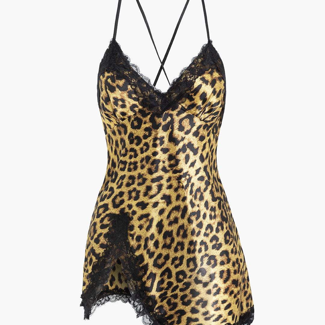Leopar Desenli Dantel Kenarlı Gece Elbisesi