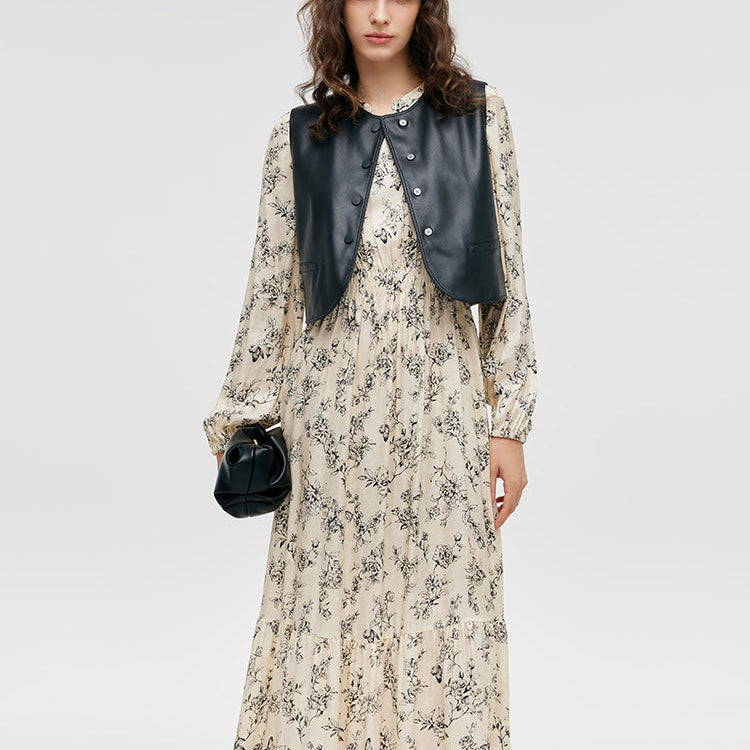 Çevre Dostu Kürk Yelek ve Çiçek Desenli Elbise İkili Takım