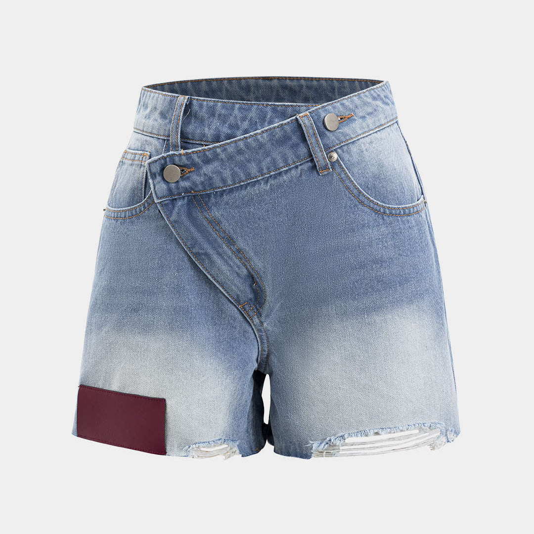 Denim Asimetrik Düğmeli Cep Yırtık Şort