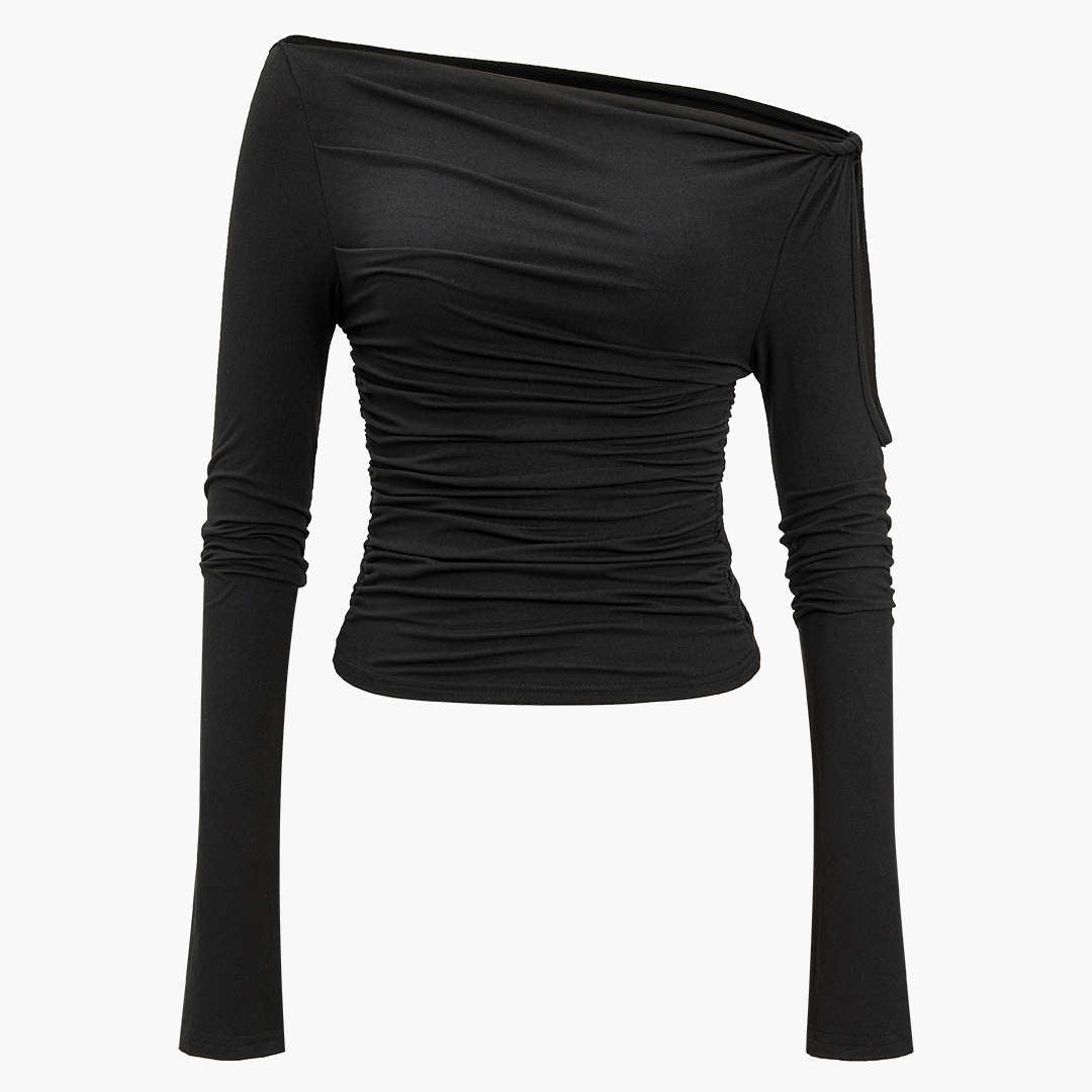 Düz Kesim Kesik Detaylı Dönme Düğüm Uzun Kollu Bluz