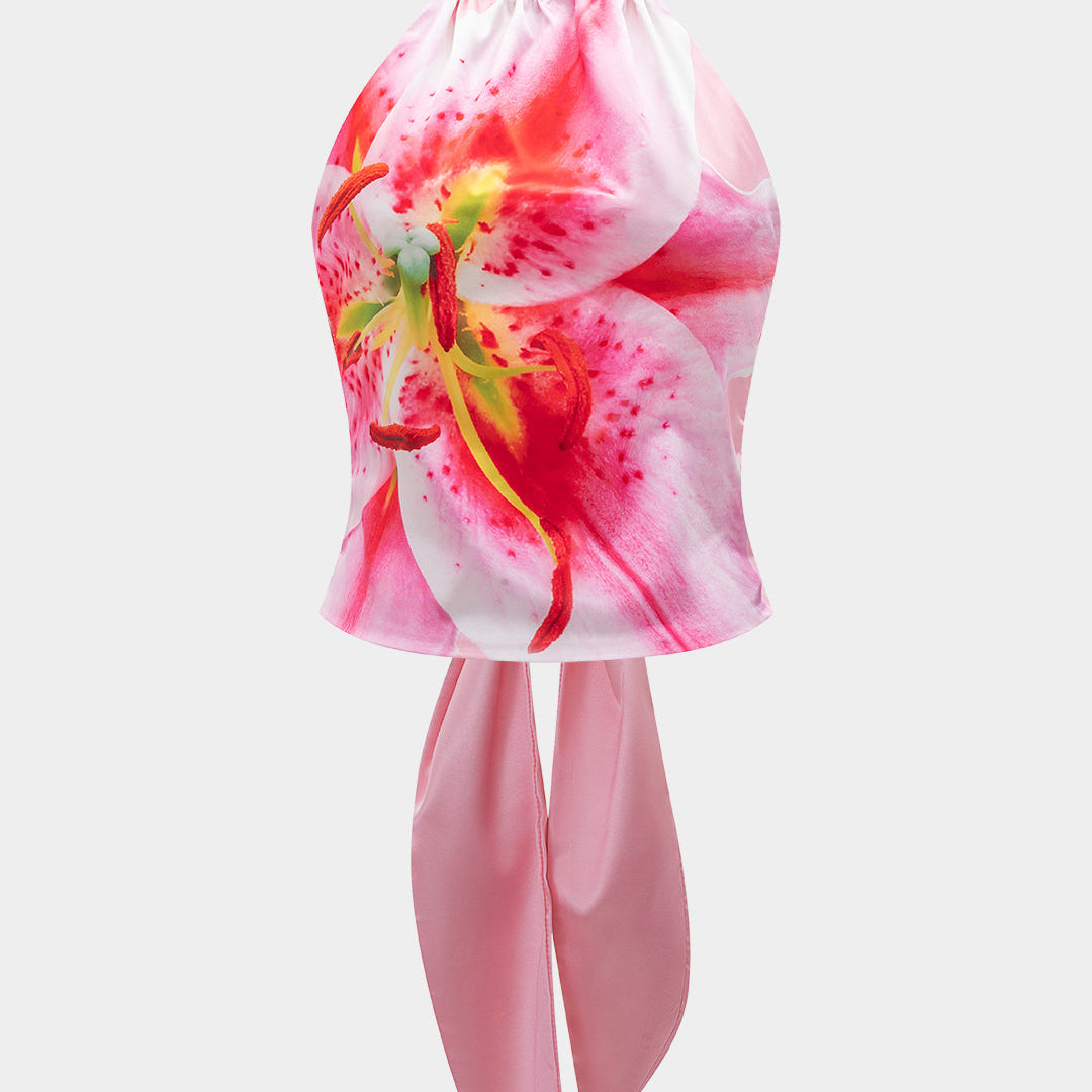 Çiçek Desenli Saten Bağlamalı Sırt Dekolteli Atlet Üst