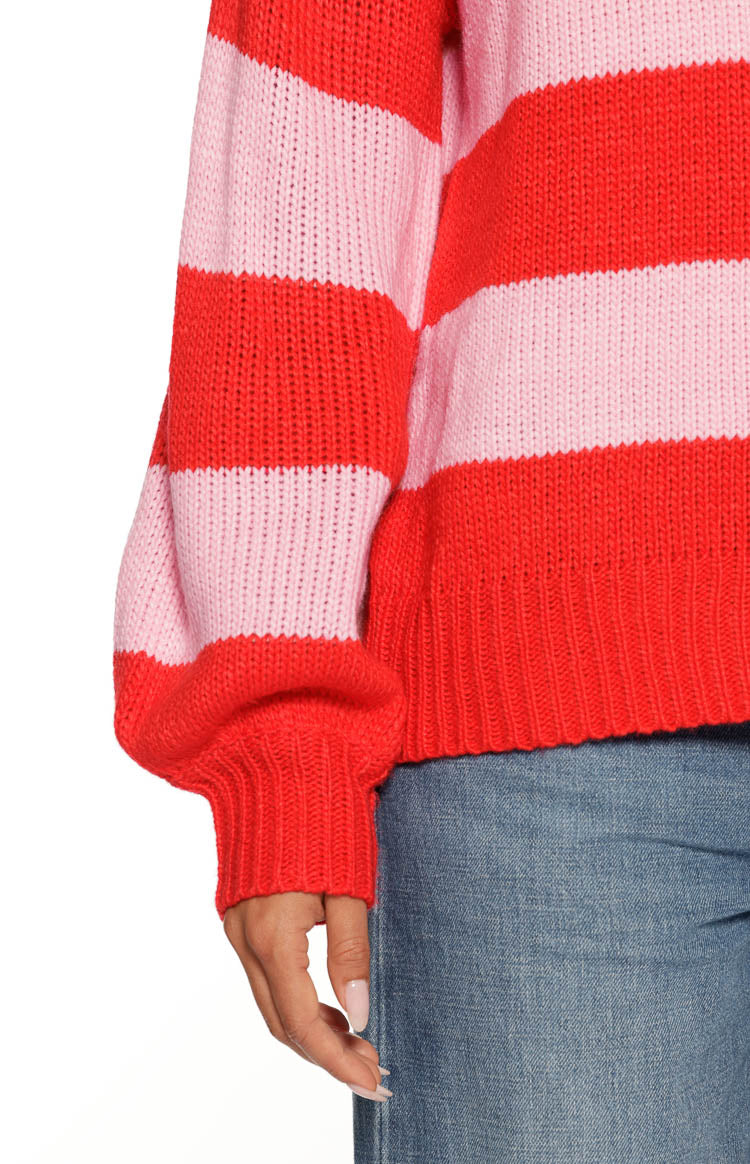 Finley Red and Pink Stripe Off Shoulder Knit Sweater