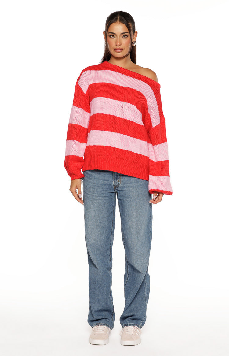 Finley Red and Pink Stripe Off Shoulder Knit Sweater