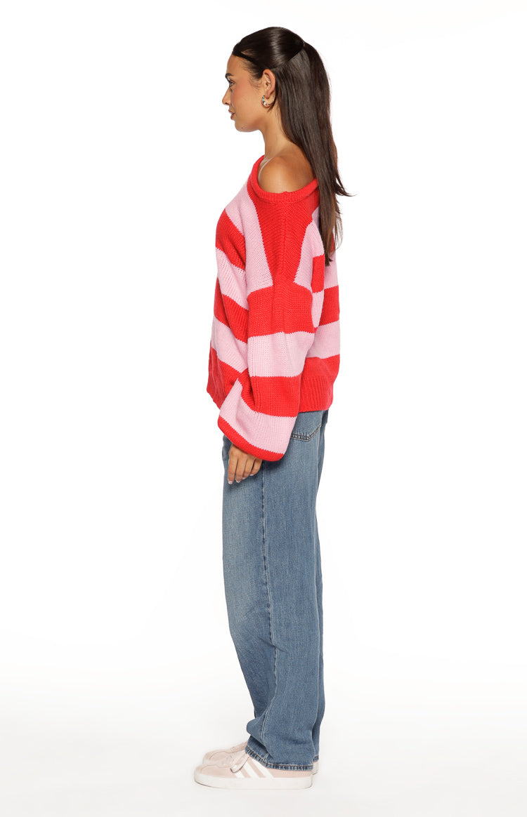 Finley Red and Pink Stripe Off Shoulder Knit Sweater