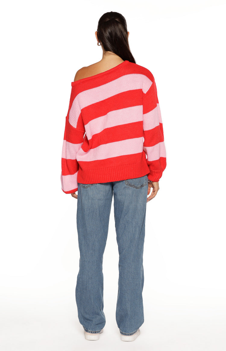 Finley Red and Pink Stripe Off Shoulder Knit Sweater