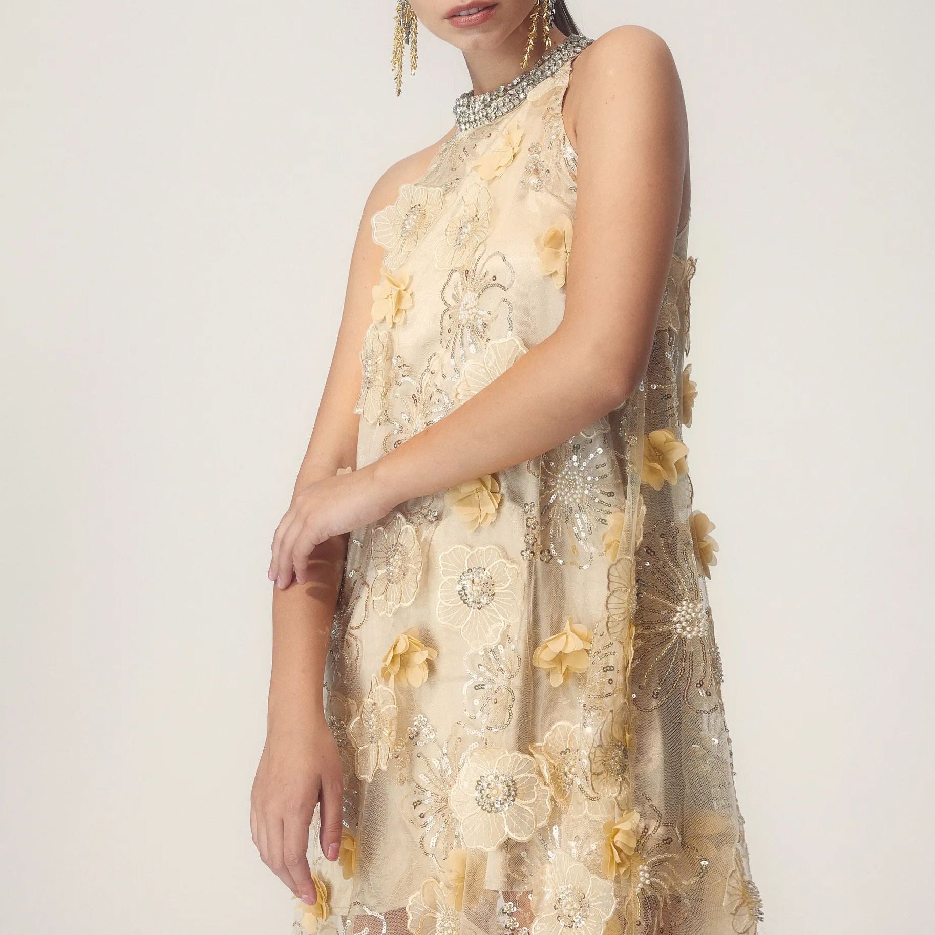 Olyssa Ella Halter Çiçek İşlemeli Payetli Mini Elbise