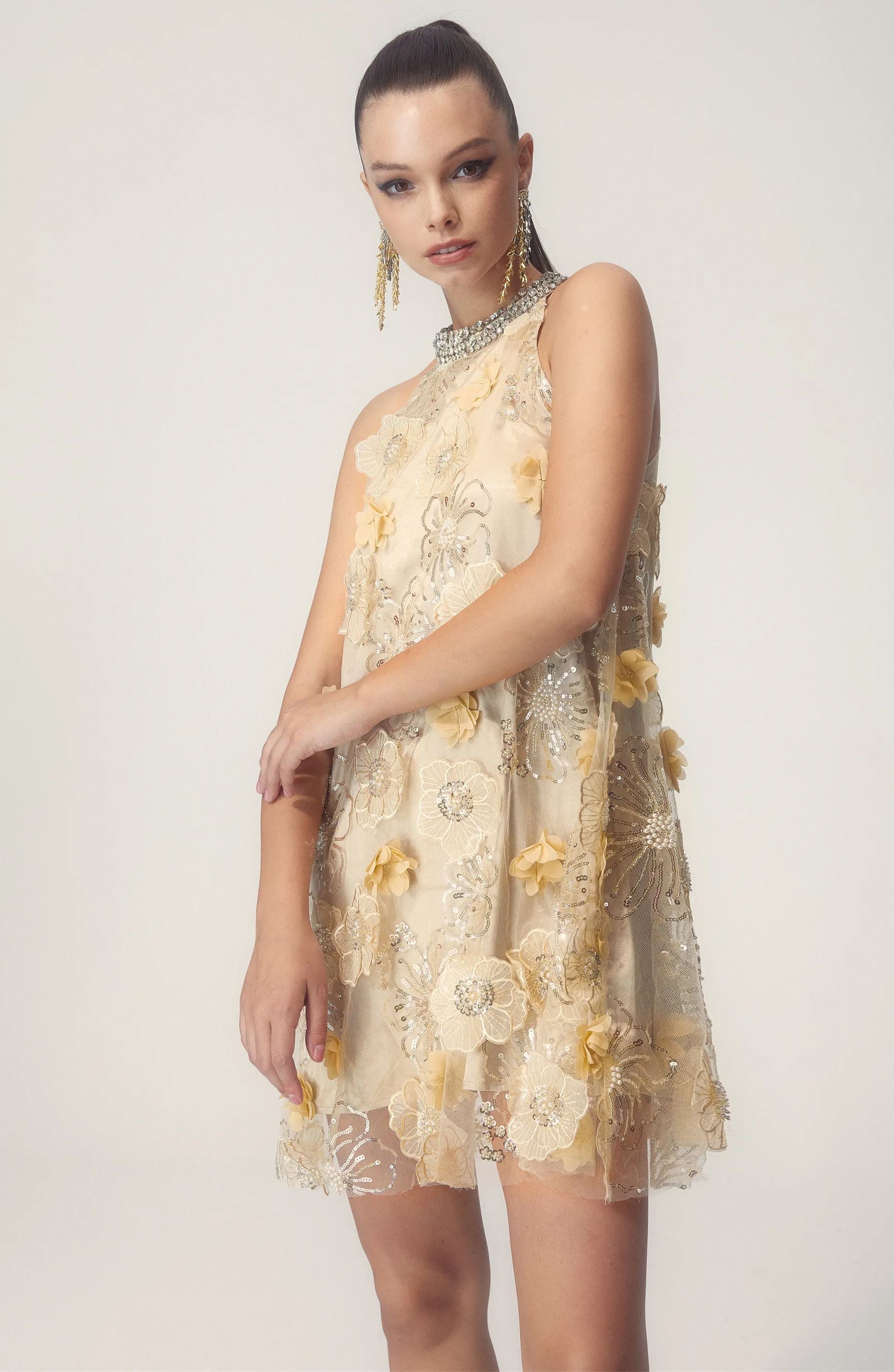 Olyssa Ella Halter Çiçek İşlemeli Payetli Mini Elbise