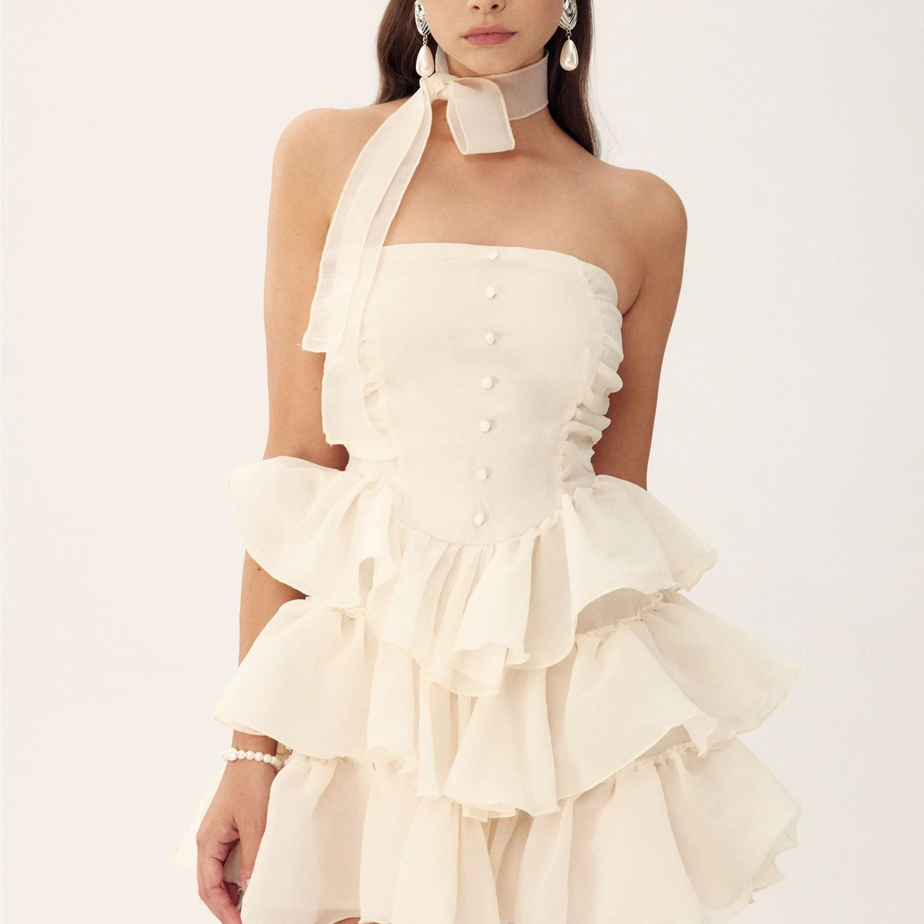 Olyssa Janice Straplez Volanlı Mini Şifon Elbise