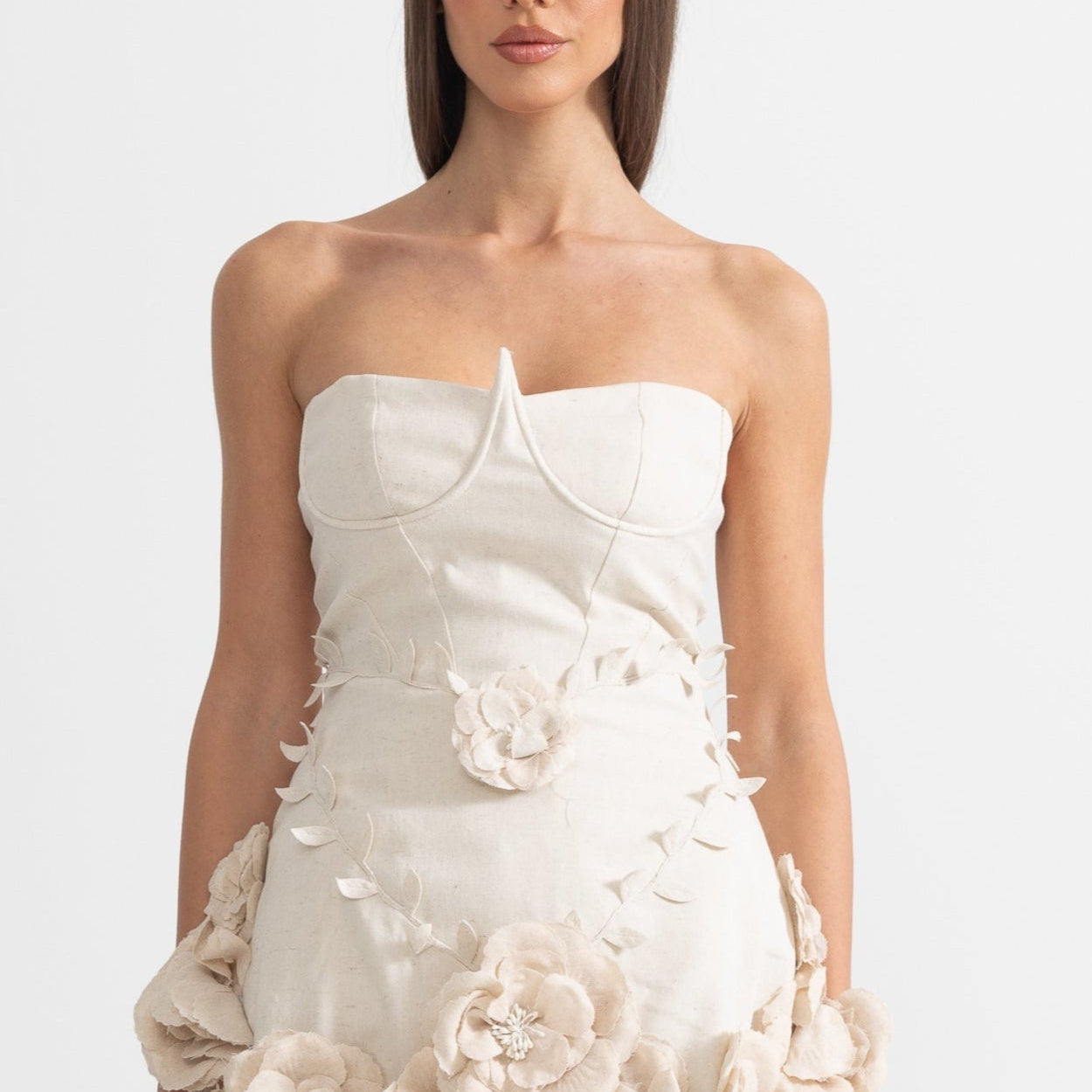 Olyssa 3D Çiçek Aplikeli Büstiyer Elbise - Ivoire