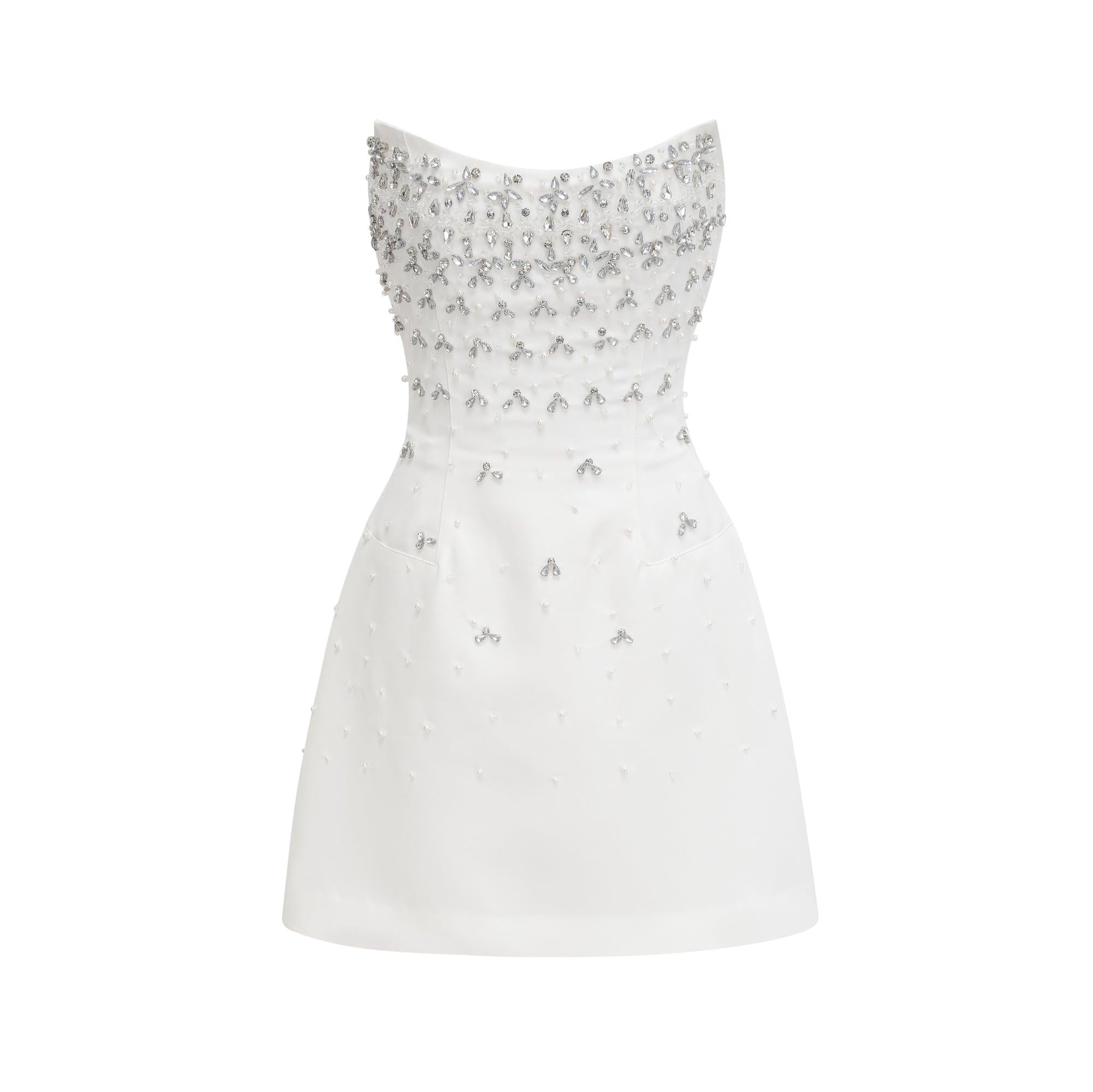 Olyssa Radiance Elegance Beyaz Taş İşlemeli Straplez Mini Elbise