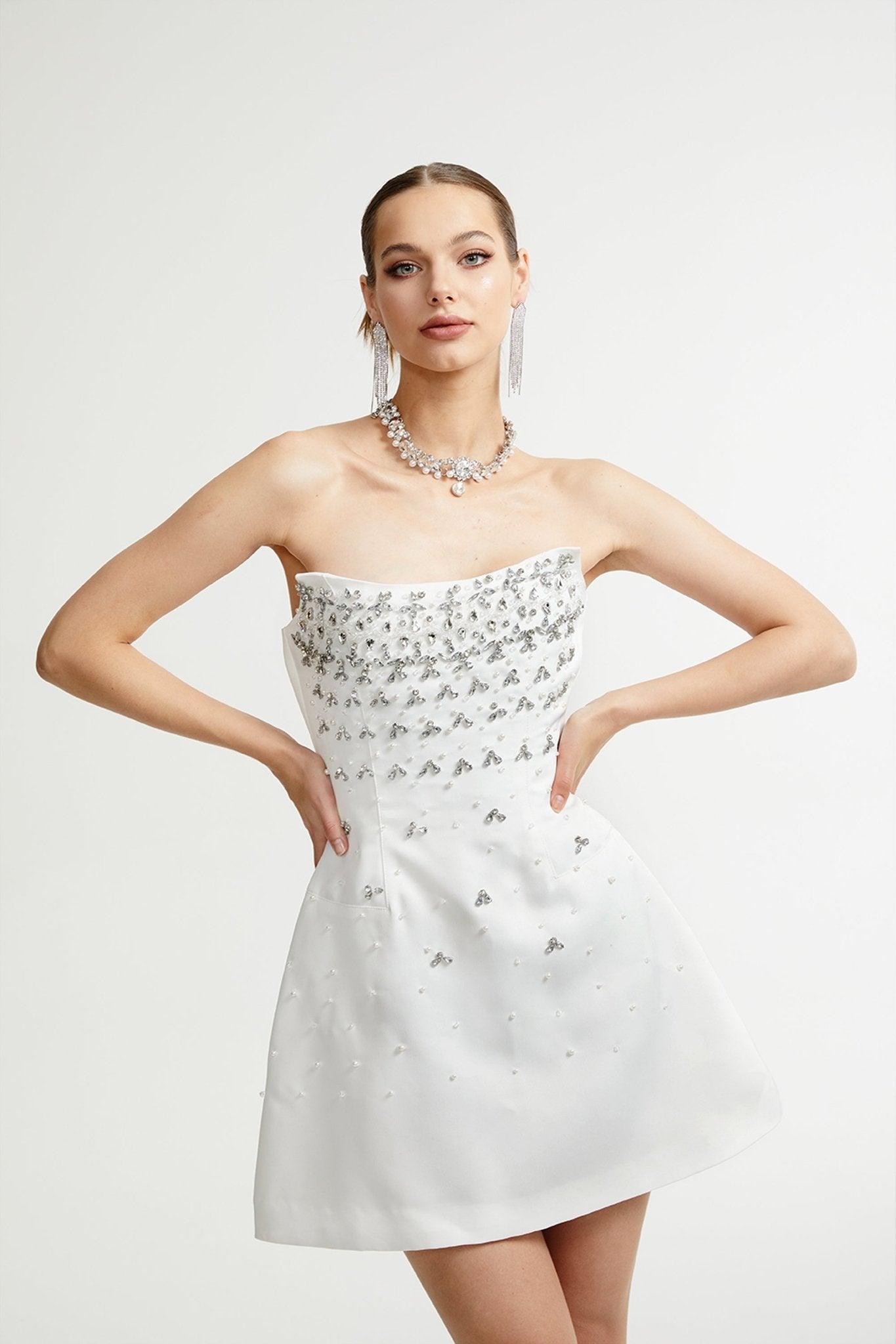 Olyssa Radiance Elegance Beyaz Taş İşlemeli Straplez Mini Elbise