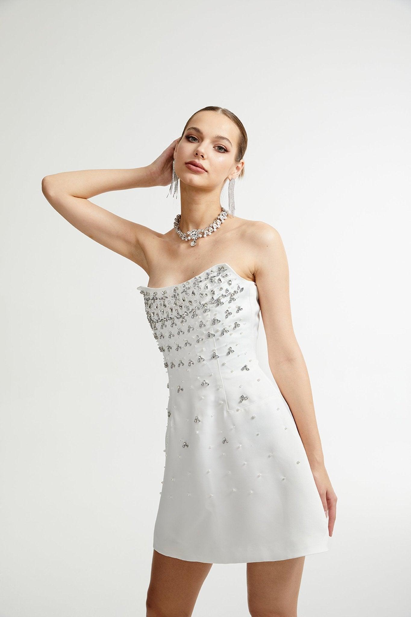 Olyssa Radiance Elegance Beyaz Taş İşlemeli Straplez Mini Elbise