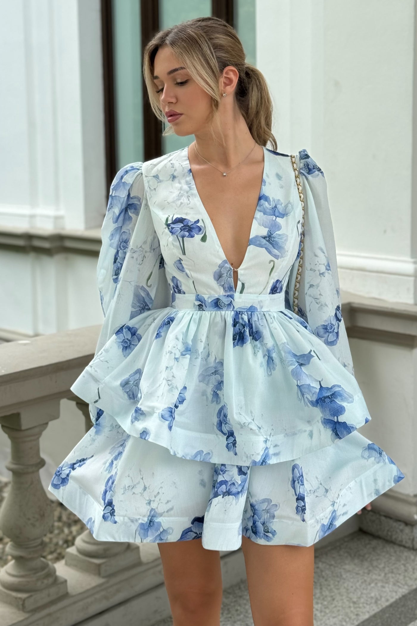 Olyssa Peplum Detaylı Çiçekli Romantik Mini Elbise