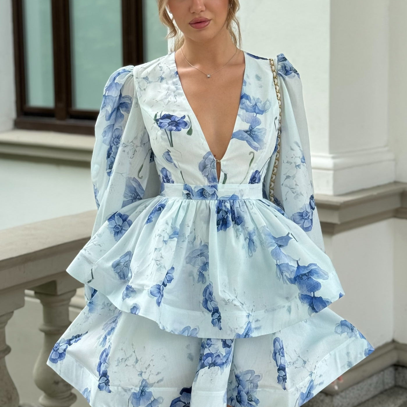 Olyssa Peplum Detaylı Çiçekli Romantik Mini Elbise