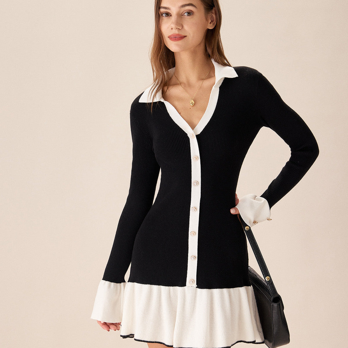 Olyssa Siyah Kontrastlı Çan Kollu Kazak Elbise