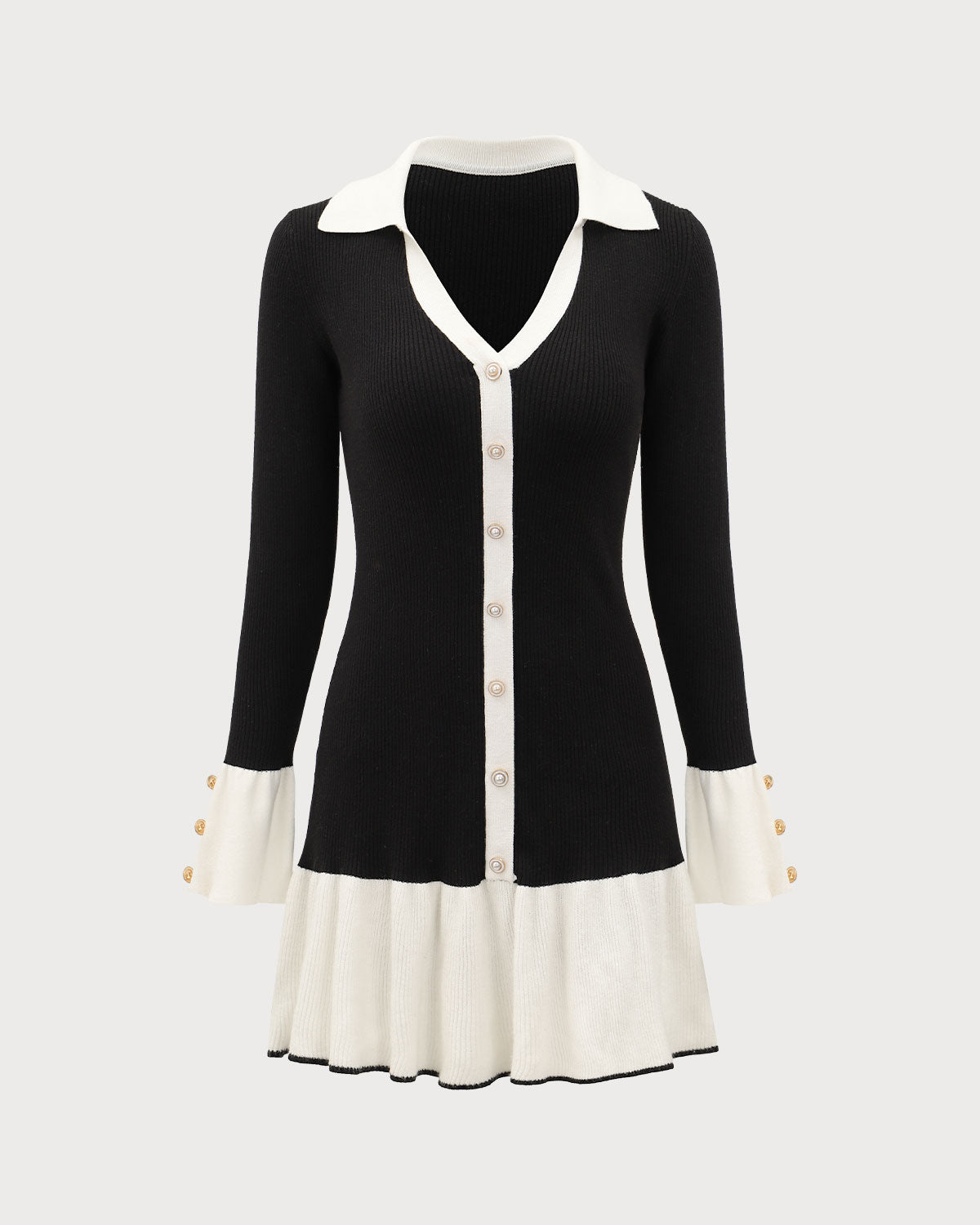 Olyssa Siyah Kontrastlı Çan Kollu Kazak Elbise